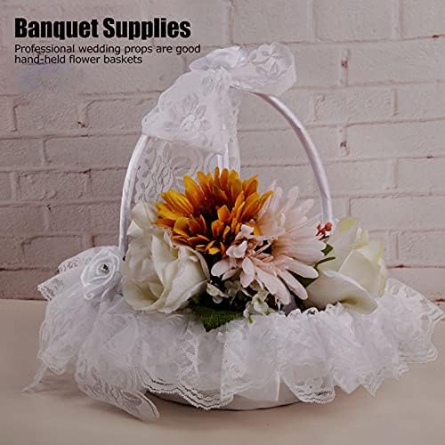 Wedding Flower Basket with White Lace and Rhinestone Bowknots