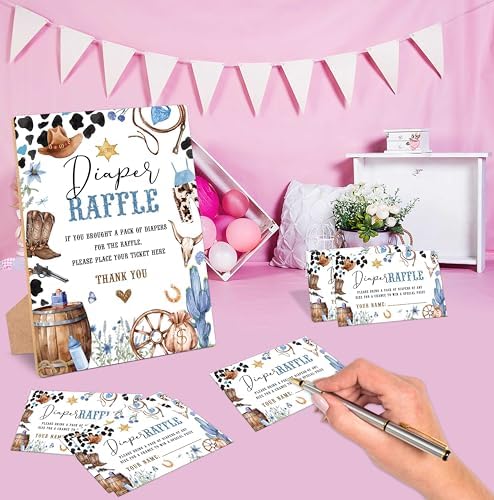 Cowboy Baby Shower Diaper Raffle Sign with Stand and 50 Tickets