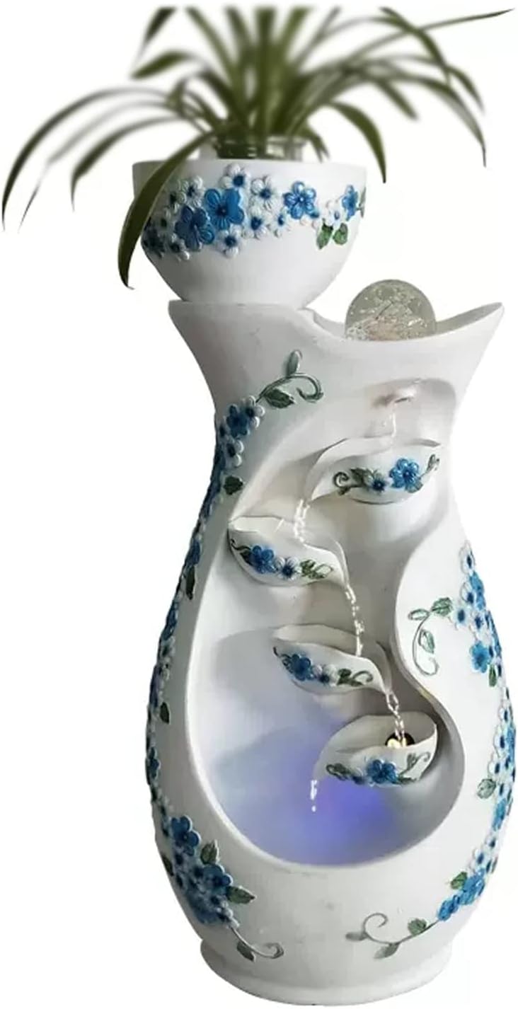 WAOCEO Elegant Tabletop Water Fountain with Blue Flowers and White Background