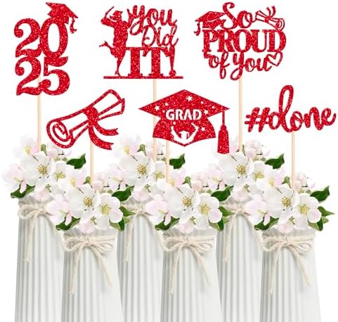 2025 Graduation Centerpiece Sticks Red Glitter