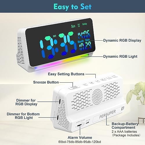 PERSUPER 120db Super Loud Alarm Clock with Bluetooth and RGB Night Light