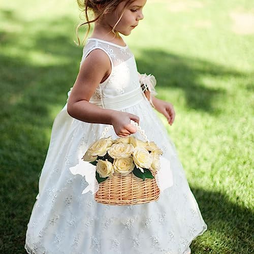 Rattan Wicker Flower Basket with Pearl Handle and Bows - Brown