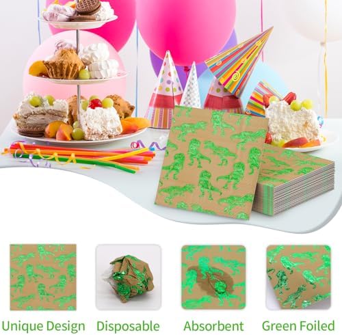 DYLIVeS Dinosaur Napkins 65 Inch Pack of 50 Green Foiled