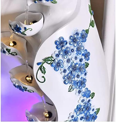 WAOCEO Elegant Tabletop Water Fountain with Blue Flowers and White Background