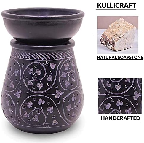 Handmade Soapstone Aroma Oil Burner with Round Floral Carving