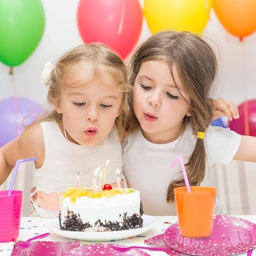 Grencian 96Pcs Hot Pink Silver Plates Tableware Set for Birthday Parties