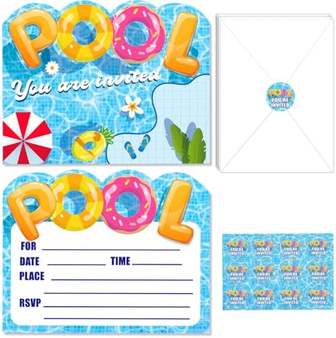 24 Pack Pool Party Invitations with Envelopes and Stickers