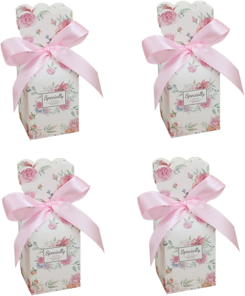KUPOO 50PCS Candy Boxes with Pink Ribbon Wedding Party Favor