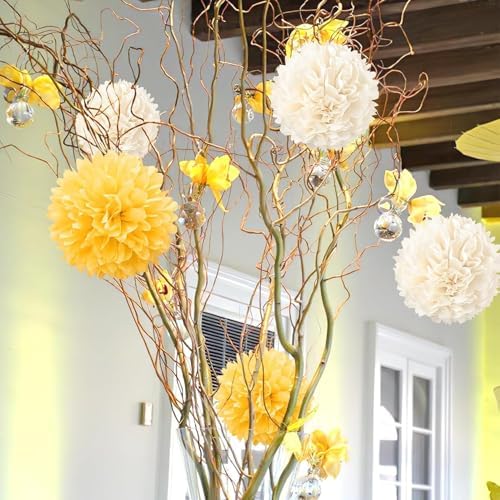 20 Pcs Yellow and Champagne Tissue Paper Pom Poms for Celebrations