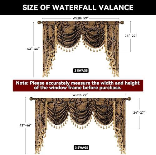 Loom and Mill Luxury Waterfall Valance 59 Inch Black Damask Swag