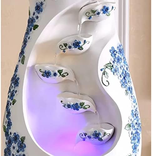 WAOCEO Elegant Tabletop Water Fountain with Blue Flowers and White Background