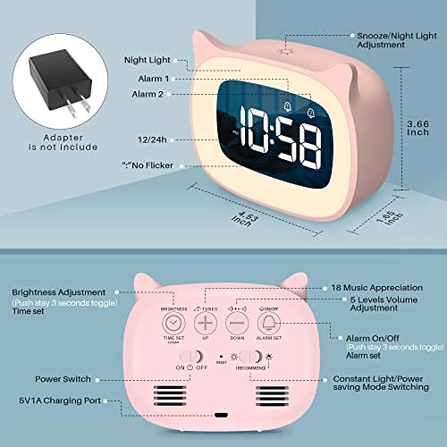 Cute Cat Ear Alarm Clock with Night Light and 18 Ringtones