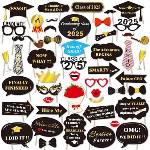 Graduation Photo Booth Props 50Count Black Gold