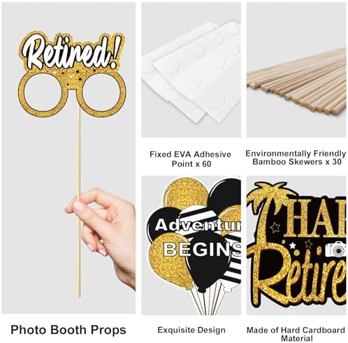 30Pcs Black Gold Retirement Photo Booth Props