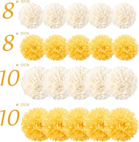 20 Pcs Yellow and Champagne Tissue Paper Pom Poms for Celebrations