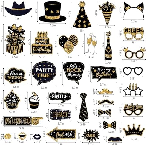 36 Piece Black Gold Birthday Photo Booth Props Set