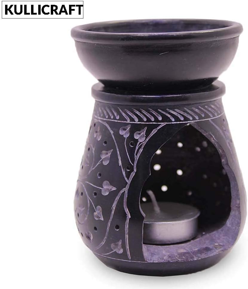Handmade Soapstone Aroma Oil Burner with Round Floral Carving