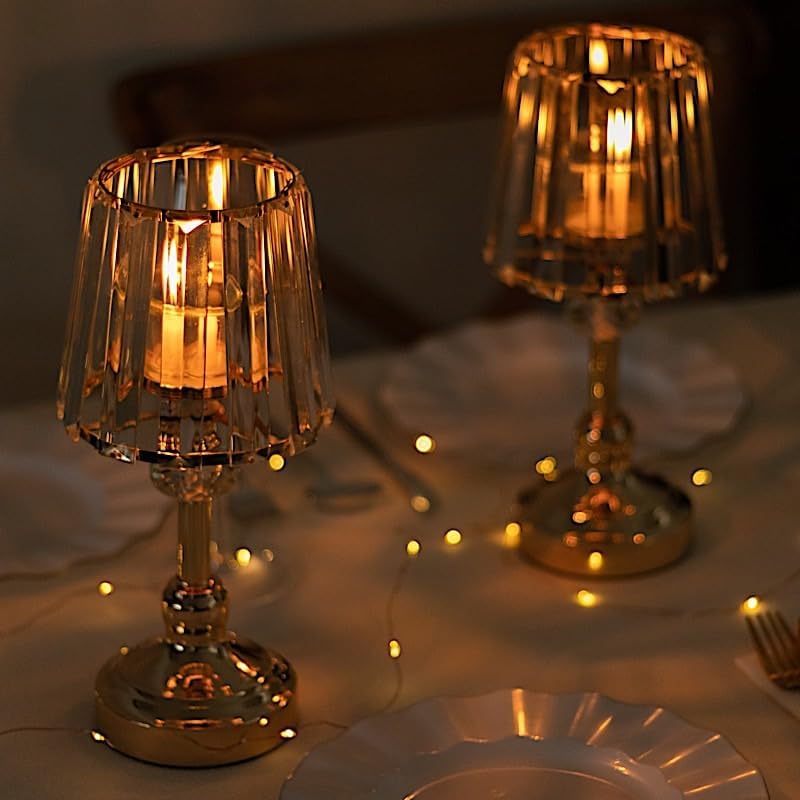 2 Gold 11 Inch Votive Candle Holders with Crystal Glass Lamps