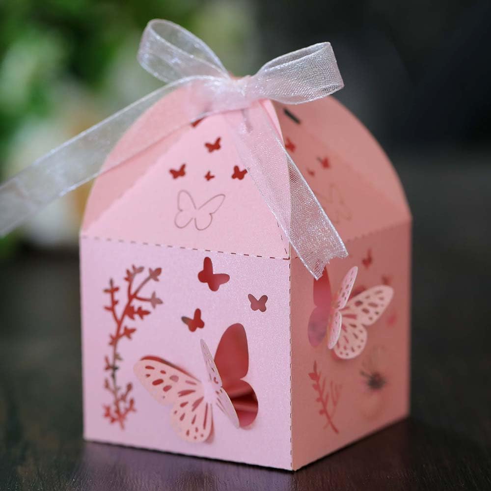 Steedna 50 Pack Laser Cut Butterfly Candy Boxes Pink Wedding Favors