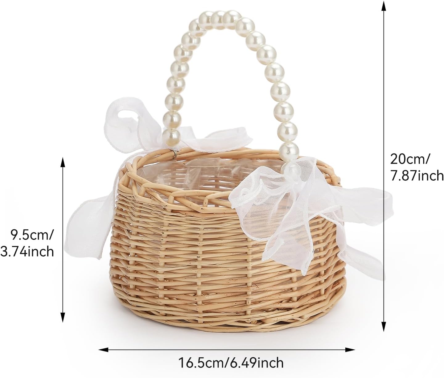 Rattan Wicker Flower Basket with Pearl Handle and Bows - Brown