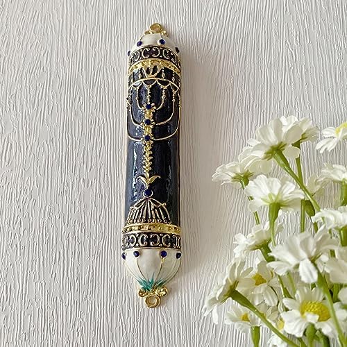 Exquisite Black and Gold Mezuzah with Blue Crystal Accent