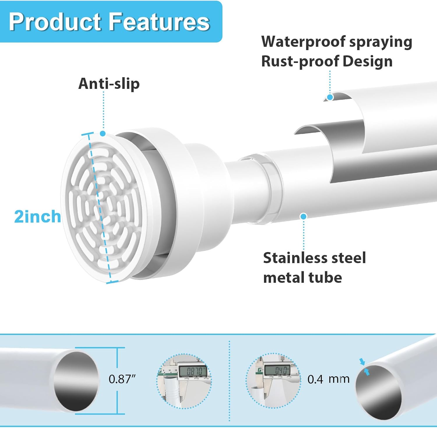 Adjustable Spring Tension Rod 30 To 64 Inch White Curtain Rod No Drilling