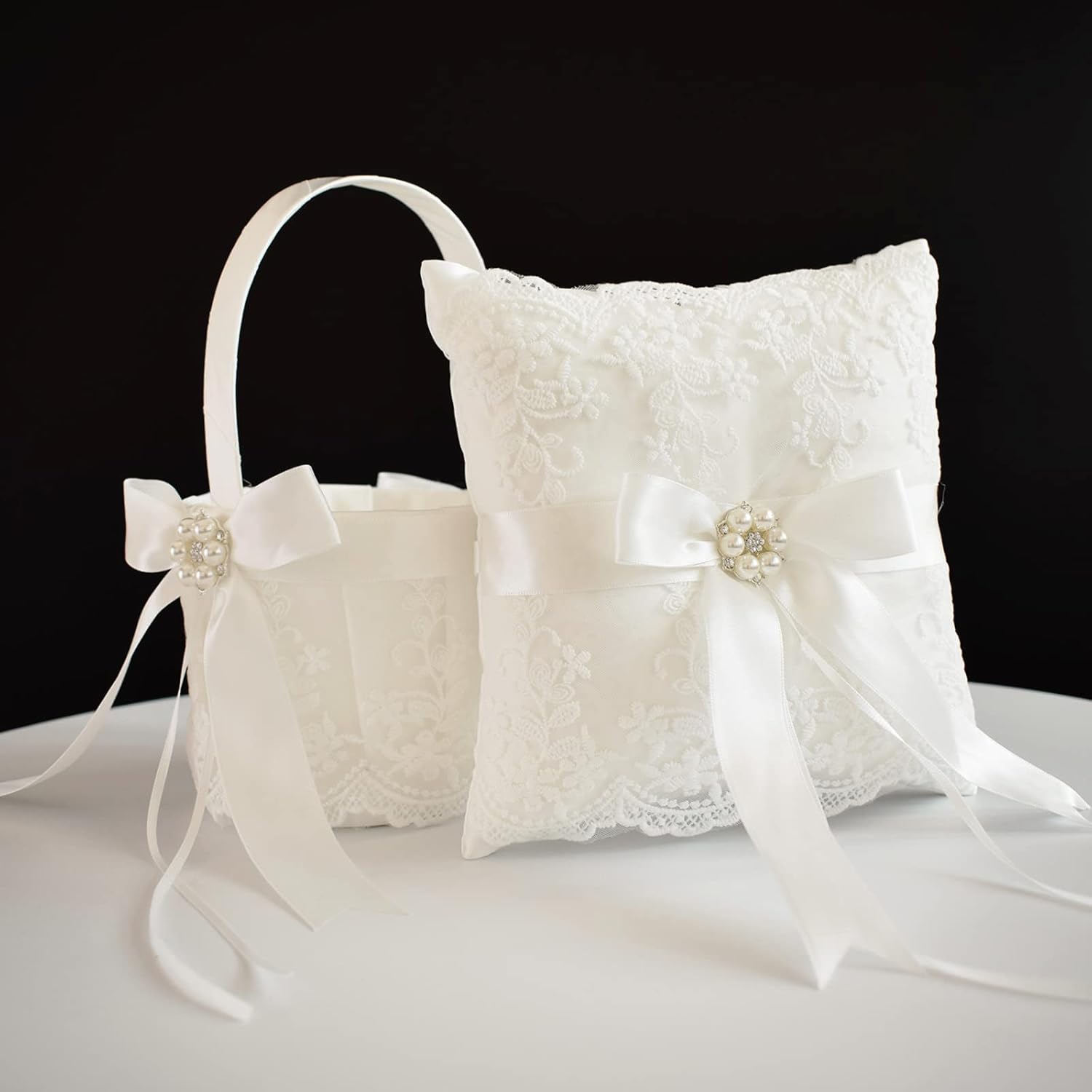 Ivory Wedding Flower Girl Basket and Ring Bearer Pillow Set