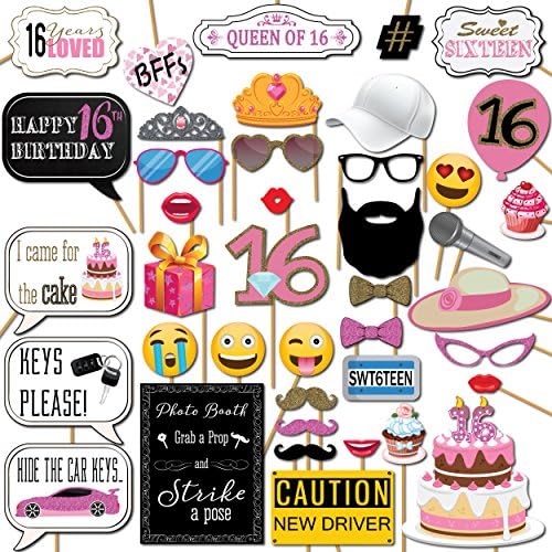 Sweet 16 Photo Booth Props Set - 41 Pieces with Sign and Sticks