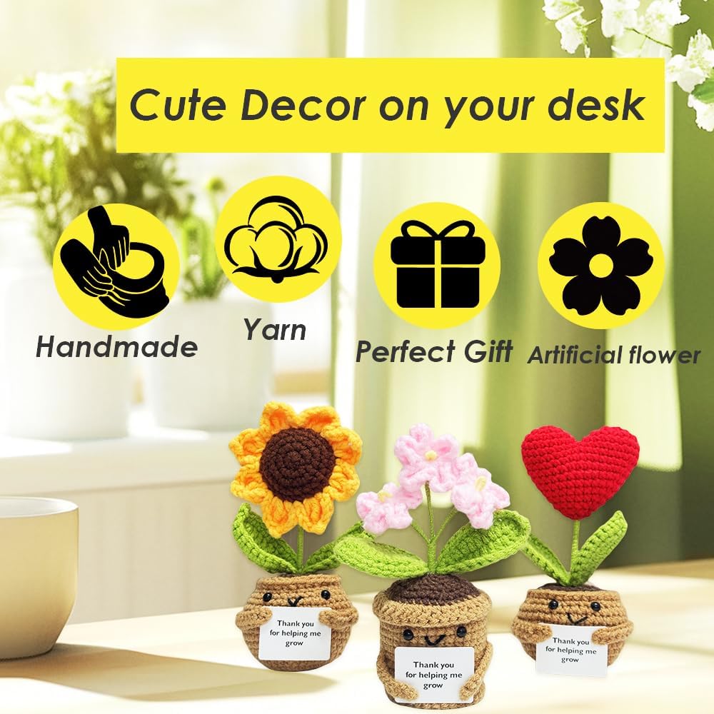 3PCS Handmade Crochet Sunflower Red Heart Forget-me-not Flowers