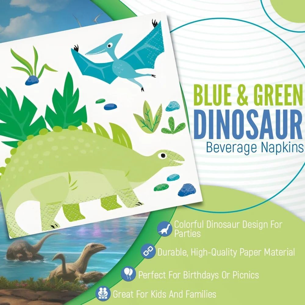 Blue Green Dinosaur Disposable Napkins Pack of 16
