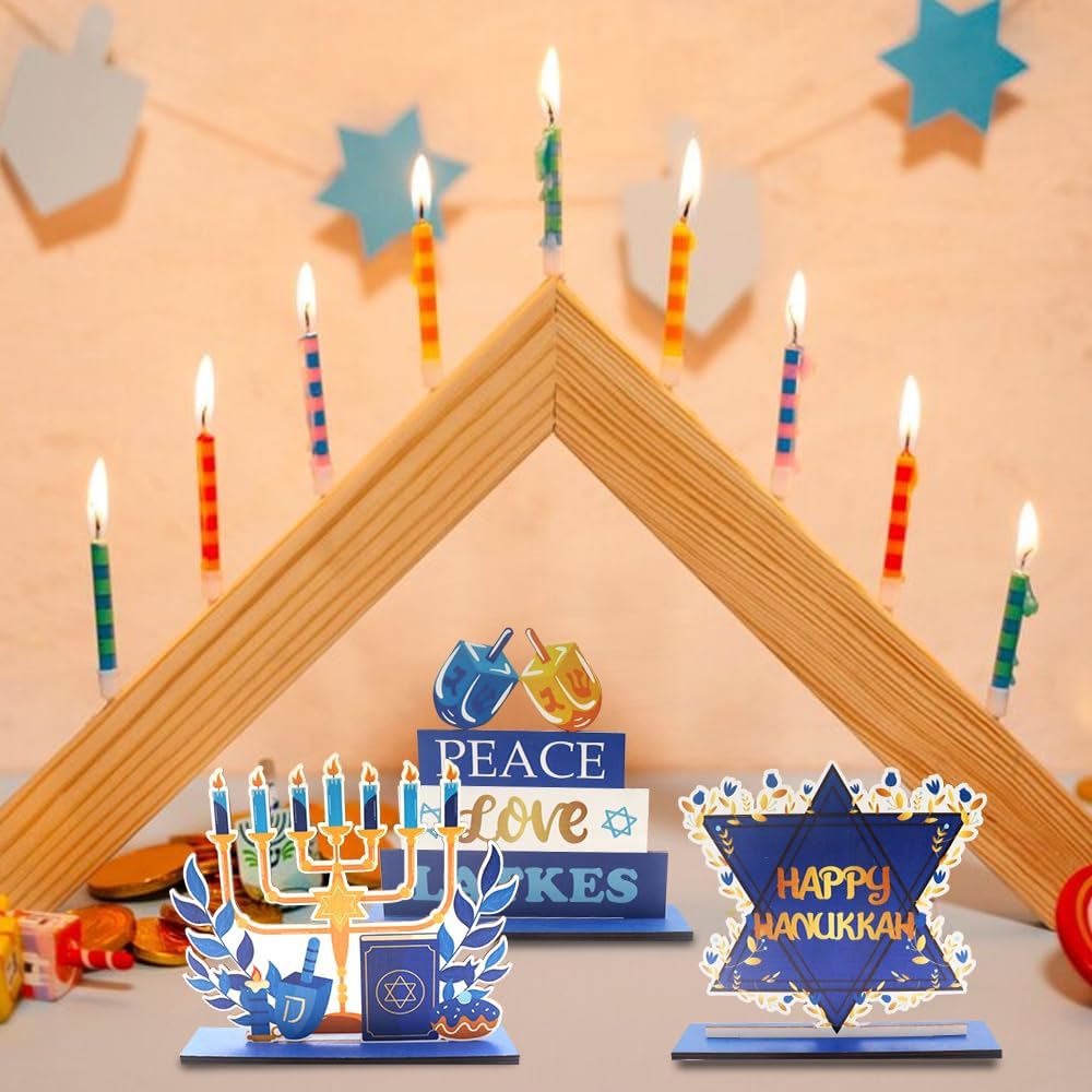ABTOLS 3PCS Hanukkah Wooden Centerpieces Set