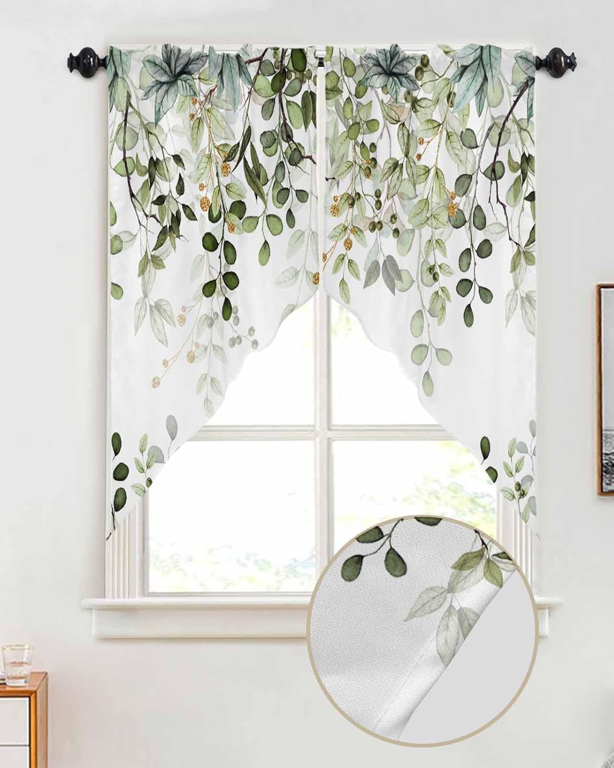 Bilagawa Spring Swag Valance Curtains Sage Green Eucalyptus Leaves 36x36in x2