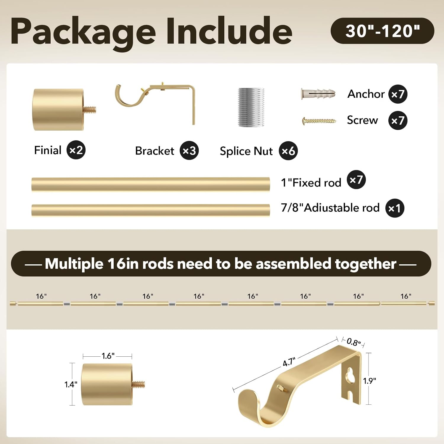 Heavy Duty Gold Curtain Rods 66-120 Inch Single Rods