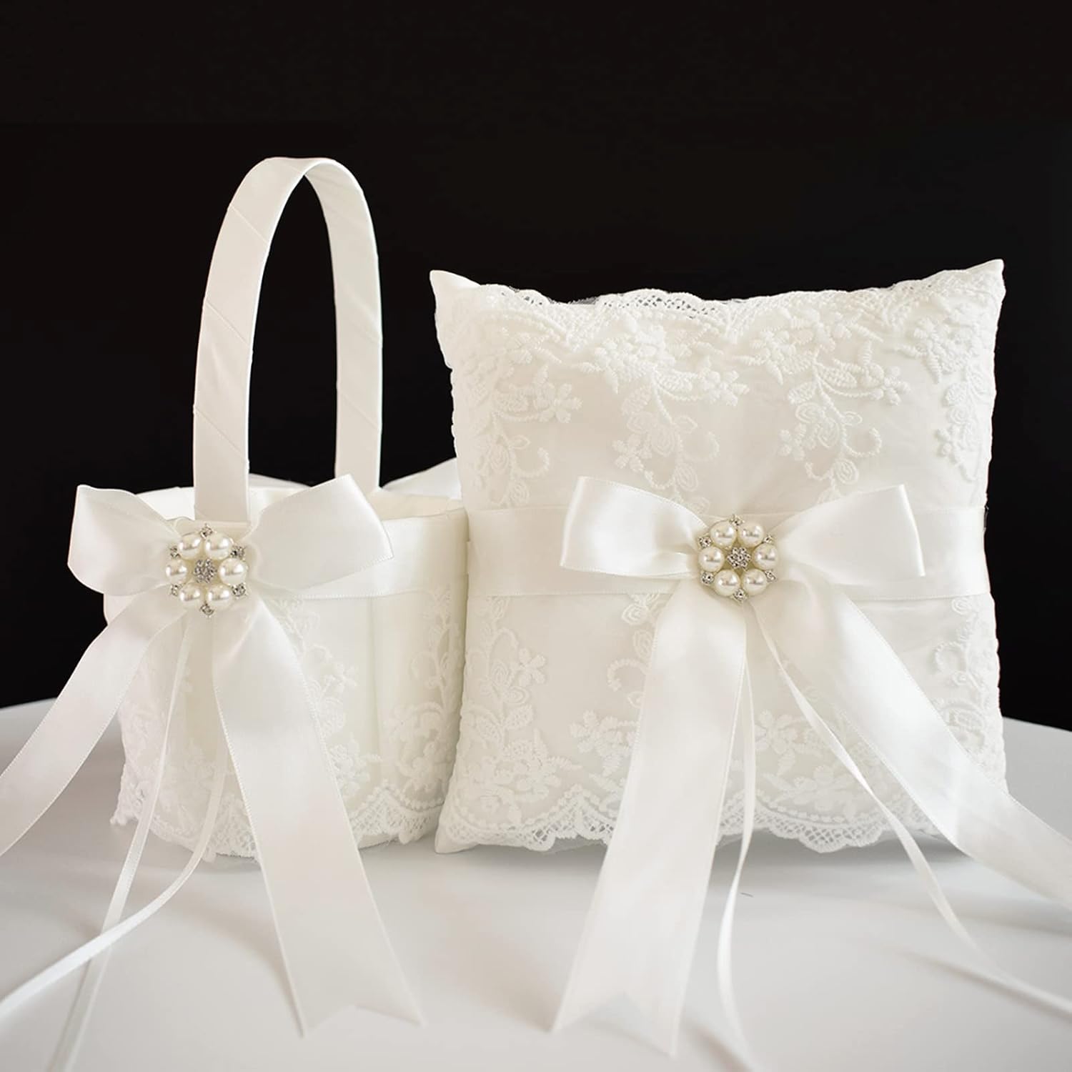Ivory Wedding Flower Girl Basket and Ring Bearer Pillow Set