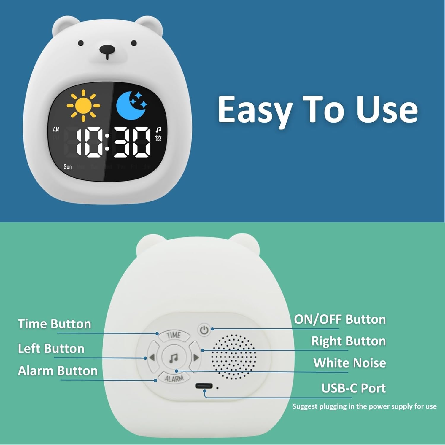 Kids Alarm Clock with Night Light and White Noise