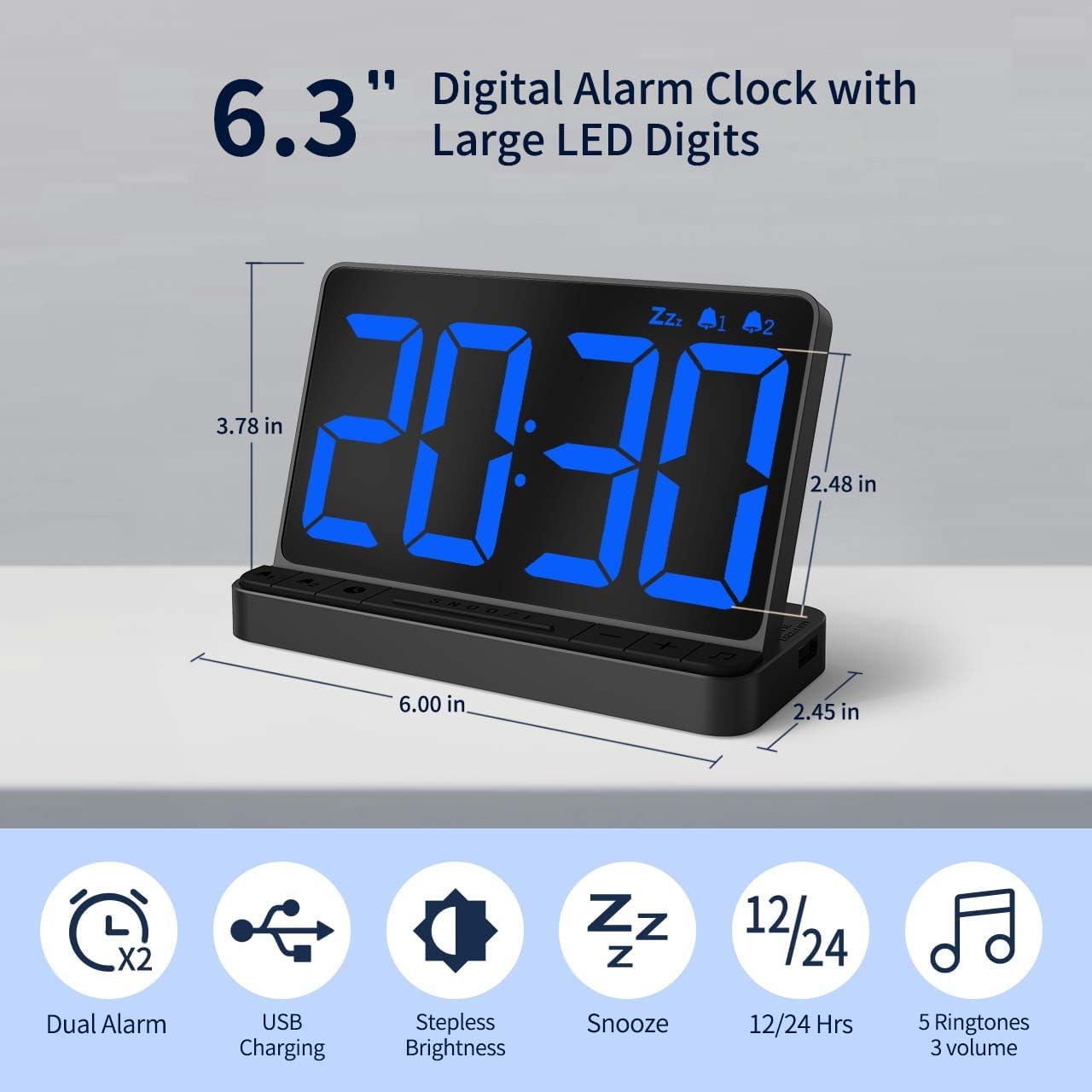 NOKLEAD Digital Alarm Clock for Bedroom with Large Display and 2 Alarms