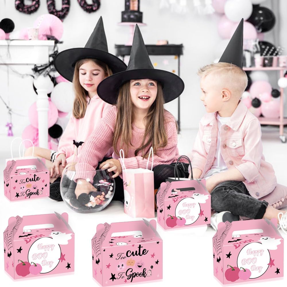 AYDILOUP 16 Pcs Halloween Party Favors Boxes Pink Boo Theme Gift Bags