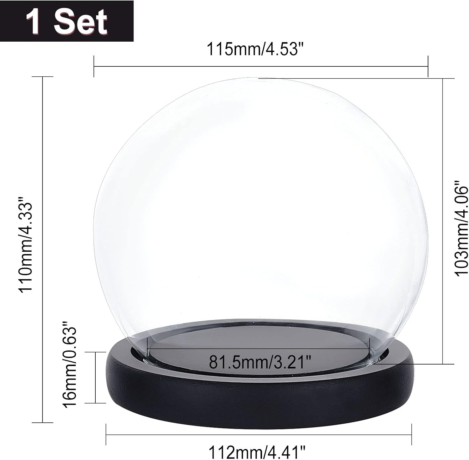 PH PandaHall Clear Glass Dome Cloche with Black Wood Base