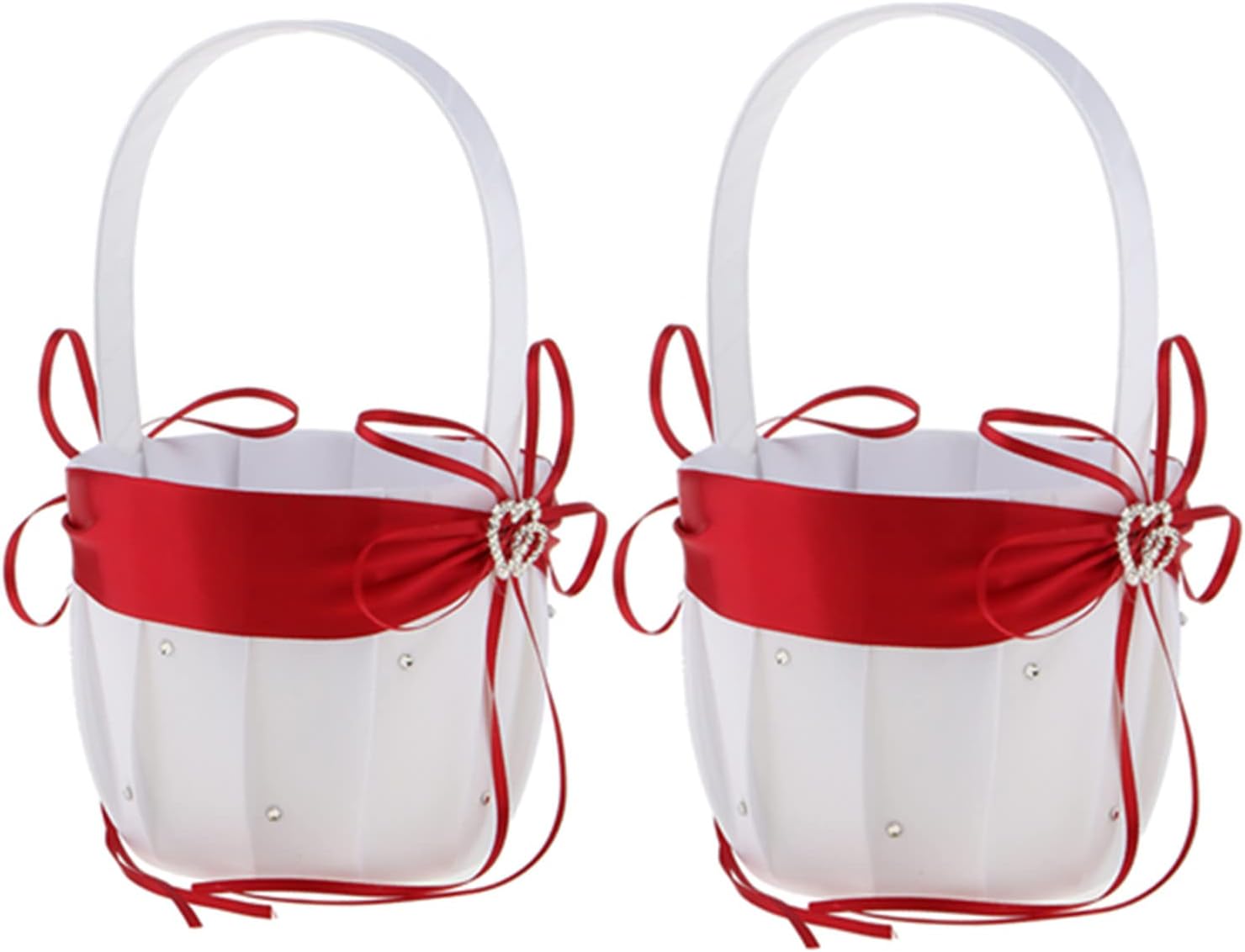 2PCS Wedding Flower Girl Baskets with Red Satin and Rhinestone Design