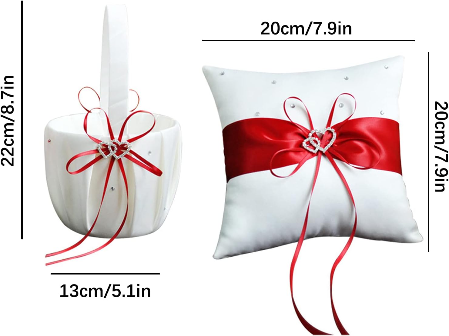 Wedding Flower Girl Basket and Ring Pillow Set with Double Heart Rhinestone
