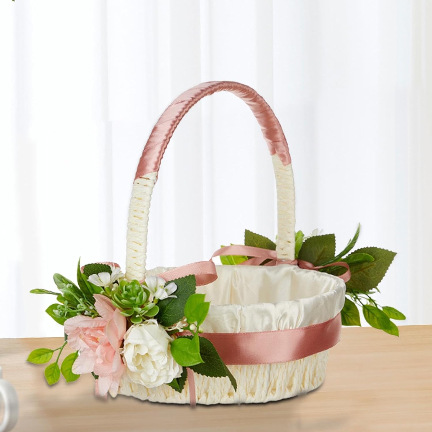 Elegant White Satin Flower Girl Baskets with Pearl Accents