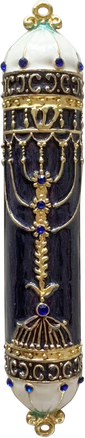 Exquisite Black and Gold Mezuzah with Blue Crystal Accent