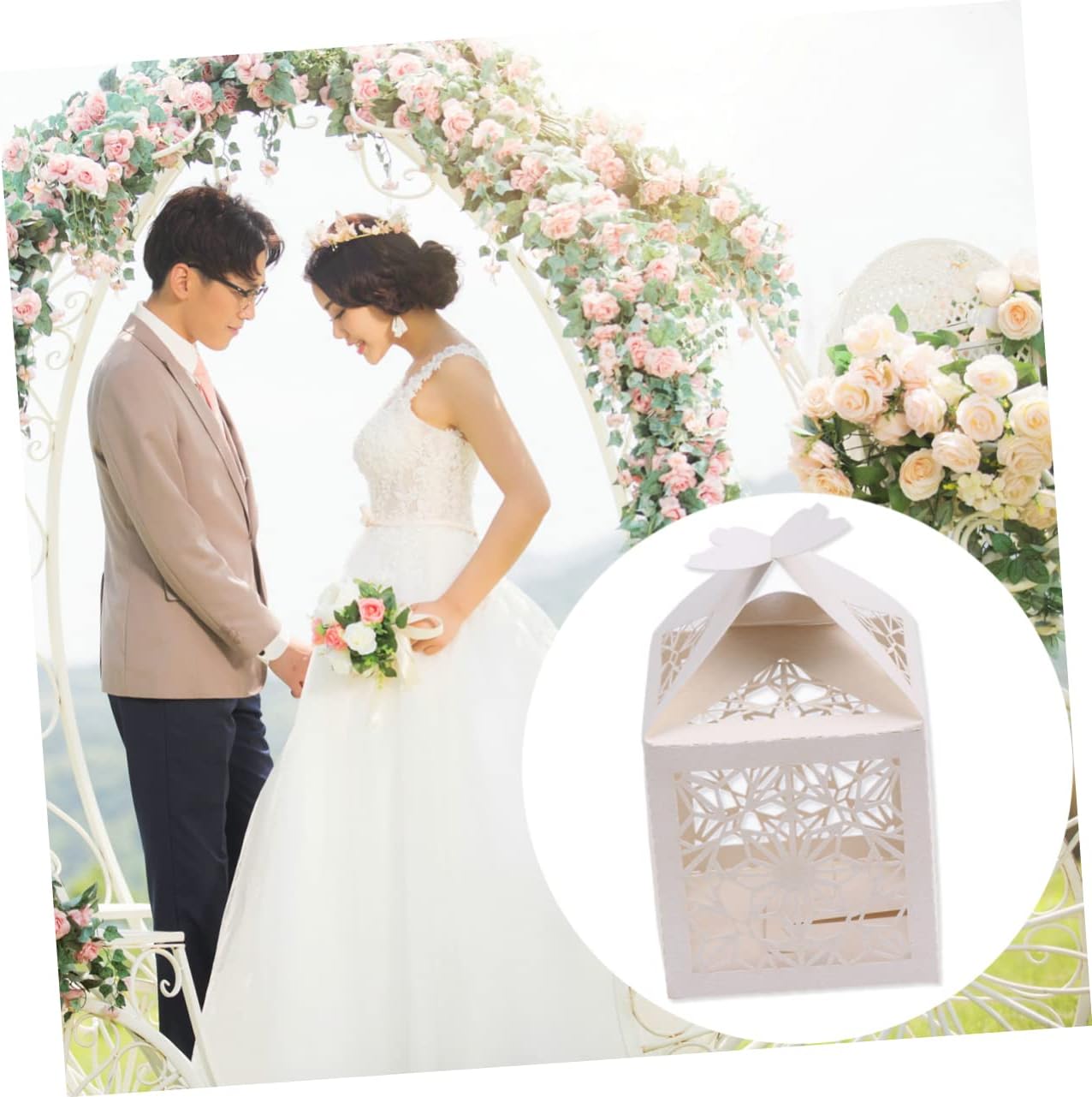 COOLHIYA 50pcs Hollow Craft Paper Wedding Favor Boxes Beige
