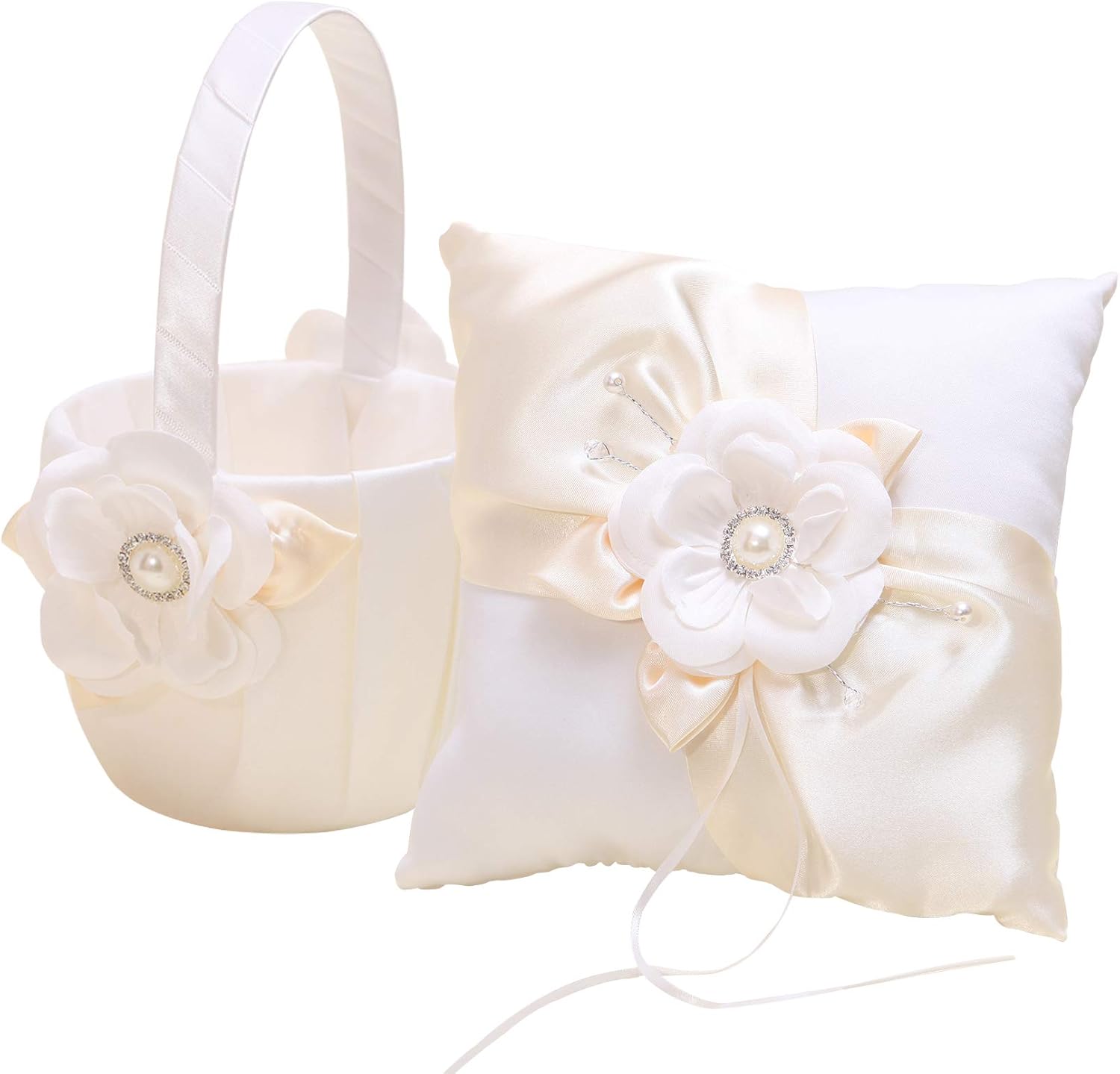 KateMelon Ivory Flower Ring Bearer Pillow and Flower Girl Basket Set