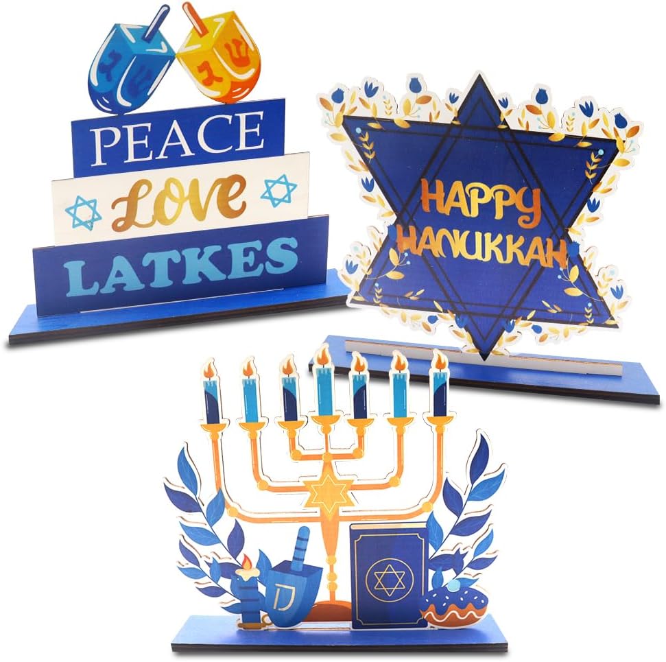 ABTOLS 3PCS Hanukkah Wooden Centerpieces Set