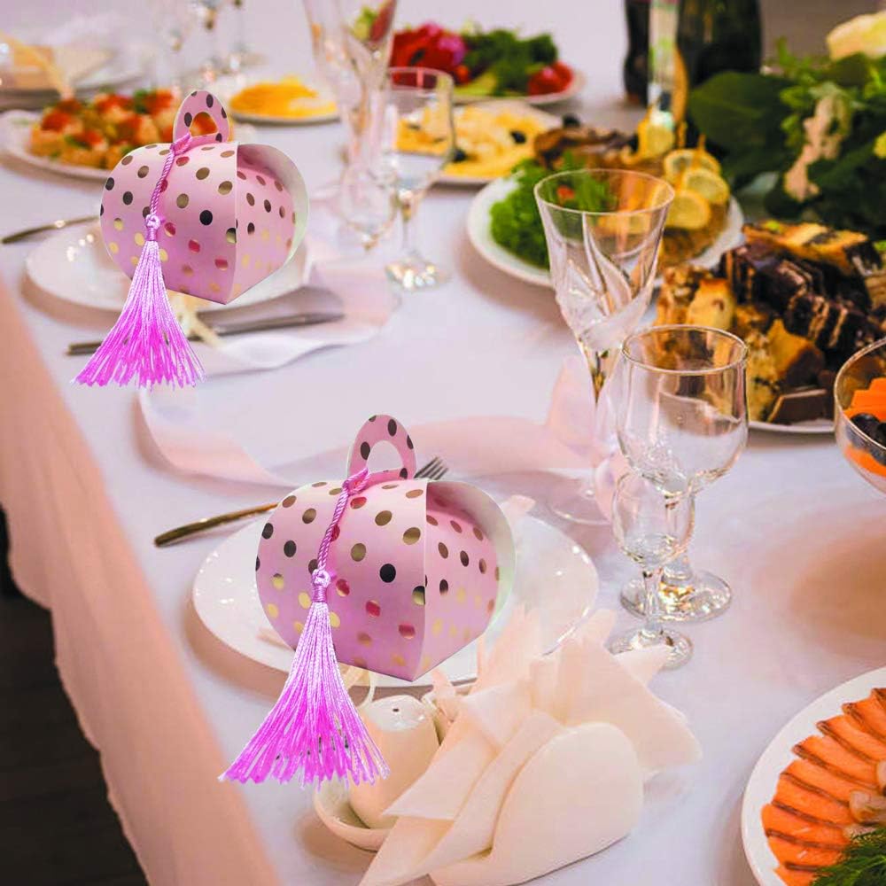 Amajoy 50PCS Pink Wedding Favor Boxes with Tassels and Gold Foil Dot