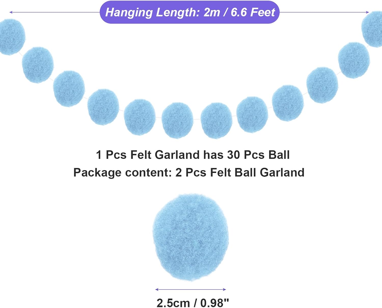 MECCANIXITY 2Pcs Light Blue Felt Ball Garland 66 Feet