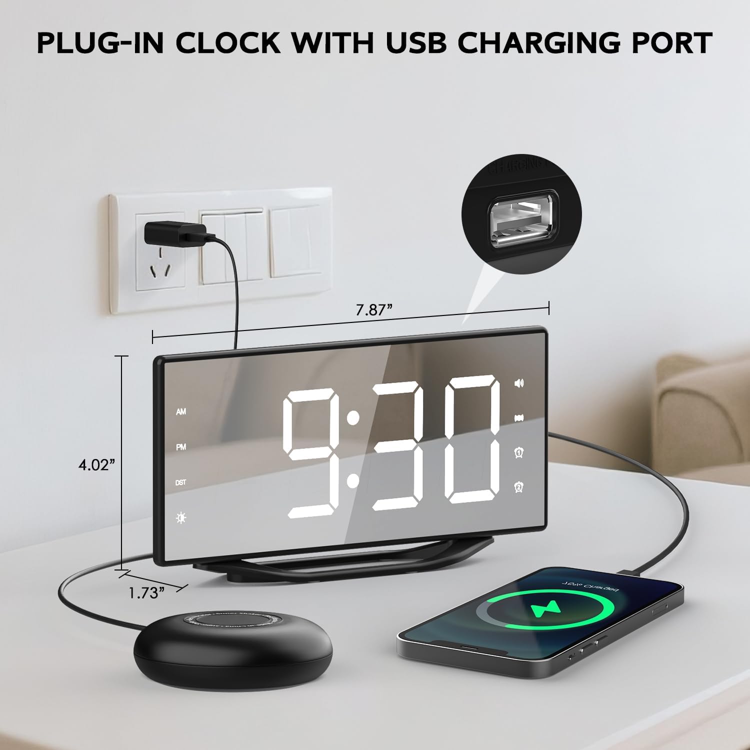 Vibrating Alarm Clock with LED Mirror and Bed Shaker