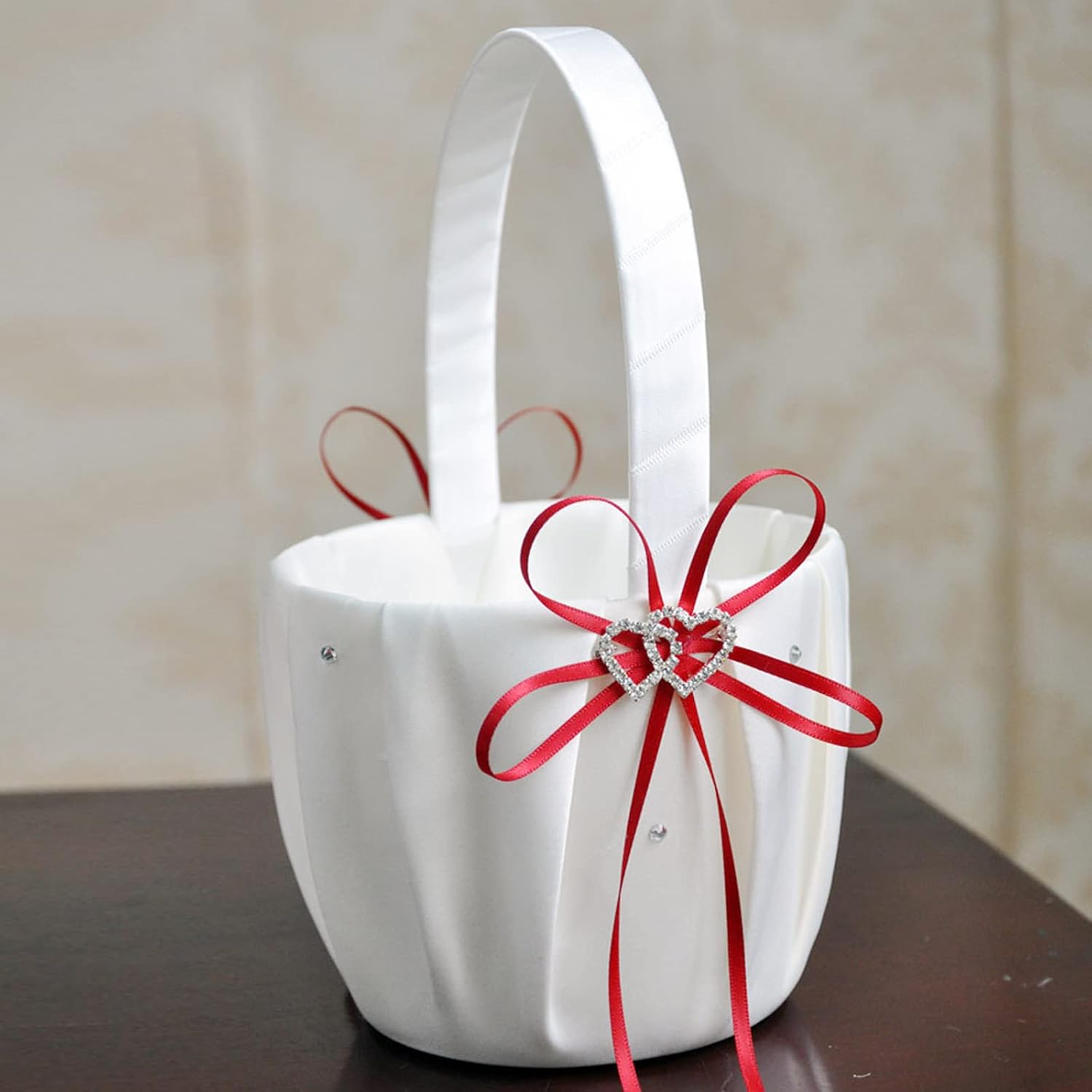 Wedding Flower Girl Basket and Ring Pillow Set with Double Heart Rhinestone