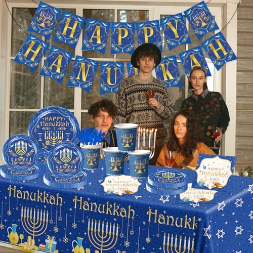 142PCS Hanukkah Party Decoration Set with Menorah Theme Tableware